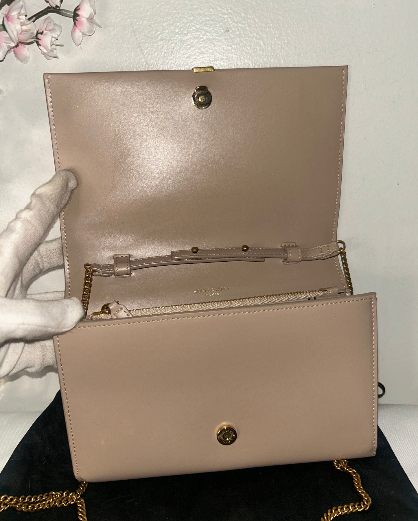 SAINT LAURENT YSL Monogram Glossy Calfskin Crossbody WOC in Dark Beige