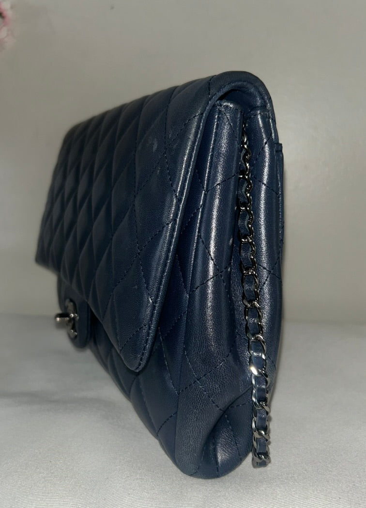 CHANEL Classic Quilted Lambskin Leather Single Flap Shoulder Bag Navy Blue