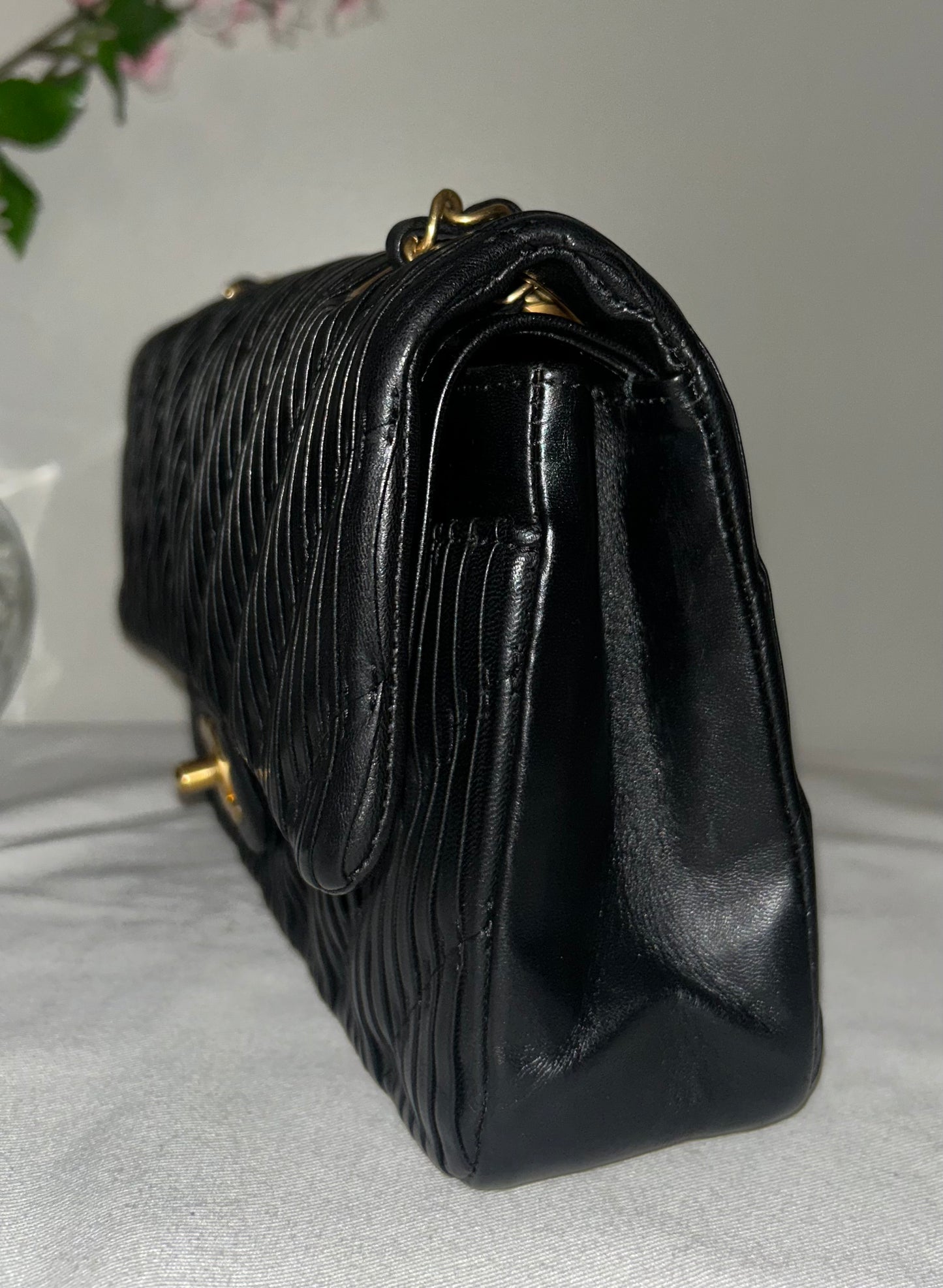 CHANEL Medium Classic Double Flap Pleated Calfskin Handbag Black / Gold
