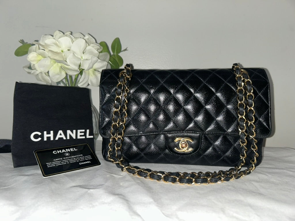 CHANEL Medium Classic Double Flap Caviar Quilted Handbag Black / Gold