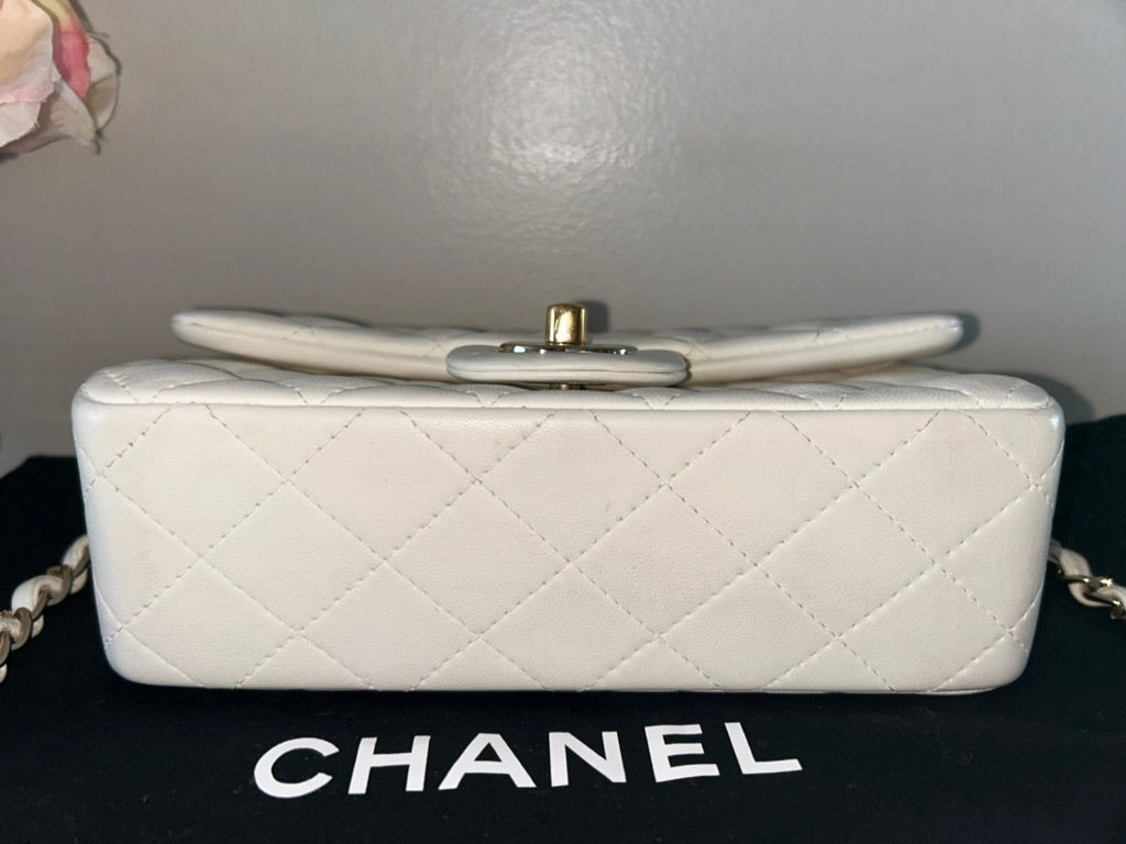 CHANEL Classic Mini Rectangular Flap Bag Quilted Lambskin Leather White/Gold