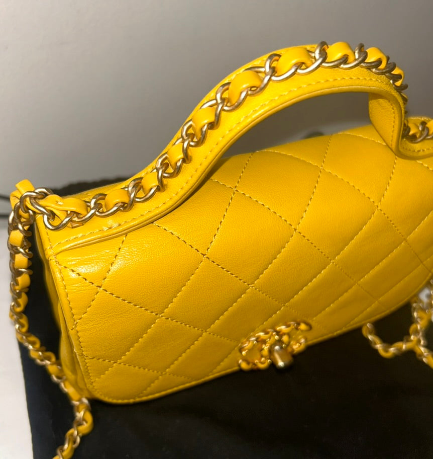 CHANEL 19 Small Chain Infinity Top Handle Bag Quilted Lambskin Leather Yellow