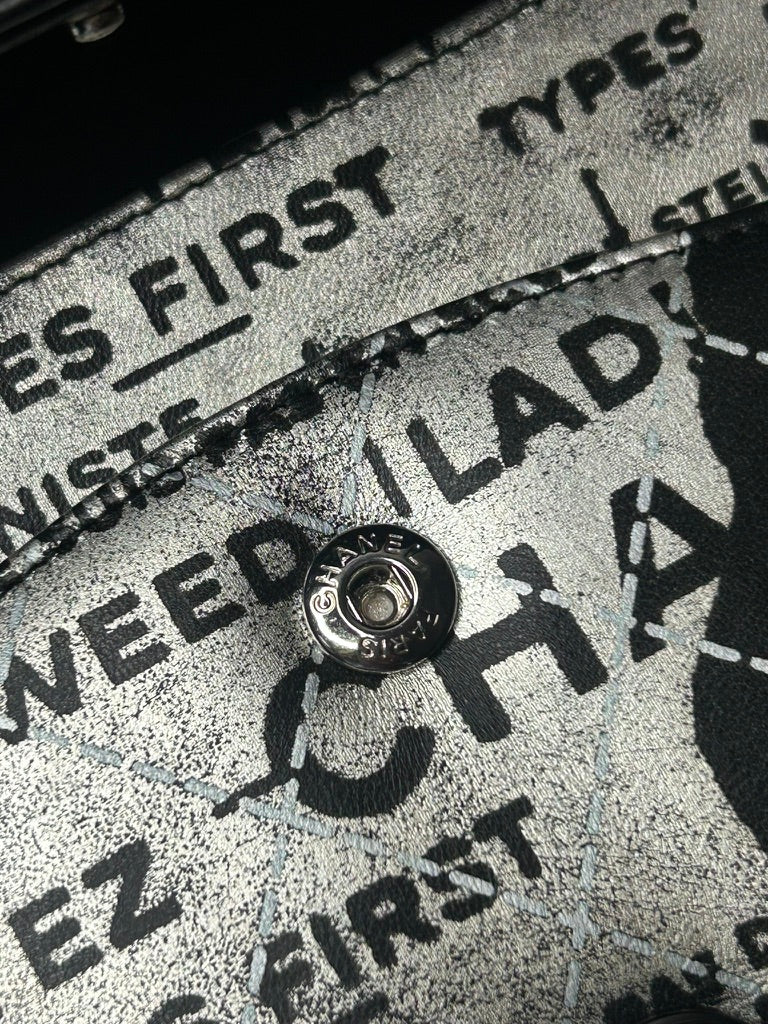 CHANEL Graffiti Newspaper Logo Medium Double Flap Lambskin Handbag Black/Silver