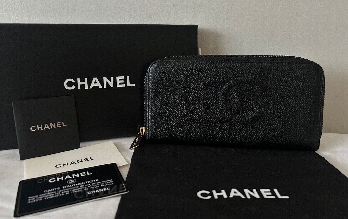 CHANEL CC Timeless Caviar Leather Zip Around Long Wallet Black