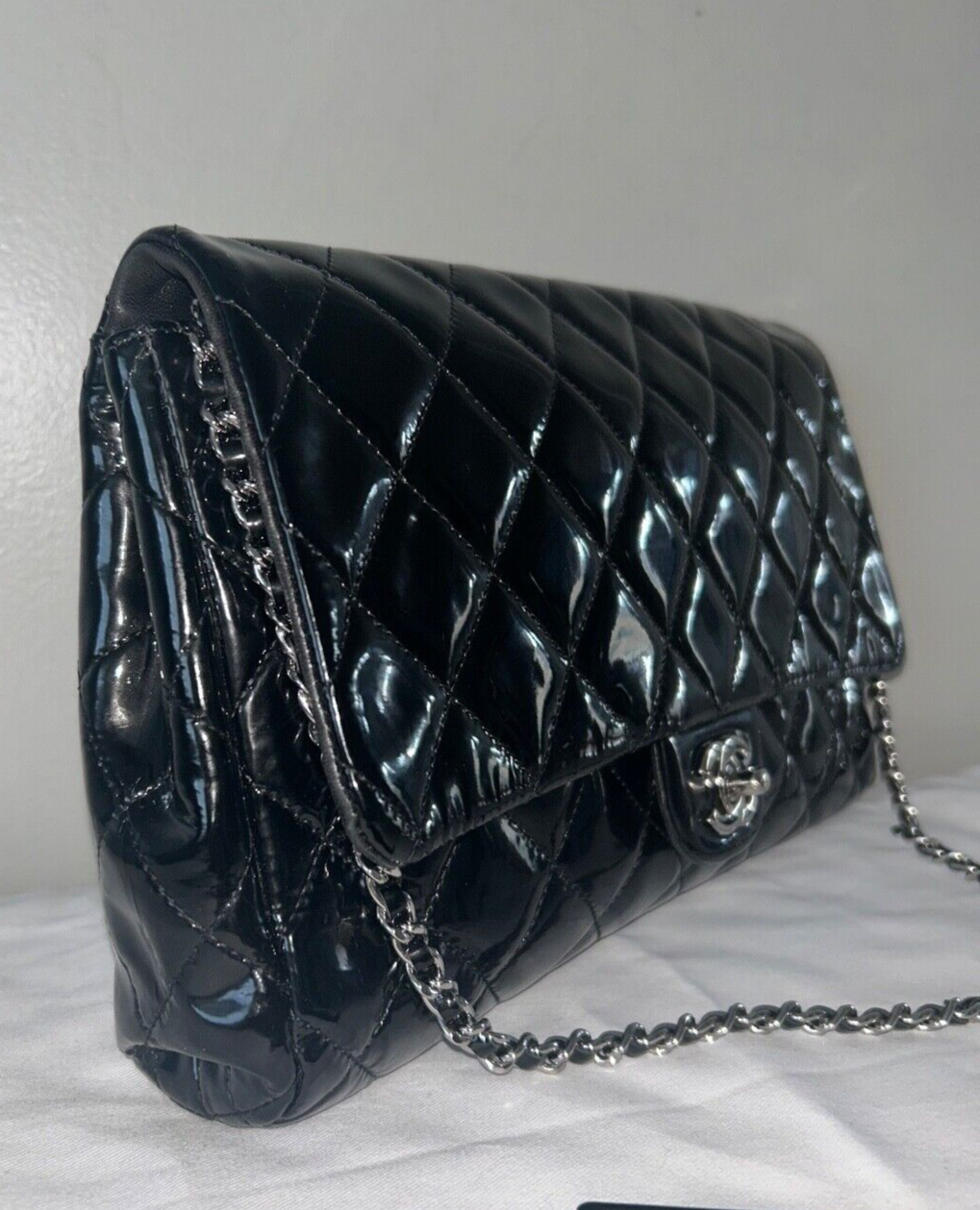 CHANEL Classic CC Quilted Flap Shoulder Bag Patent Leather Black