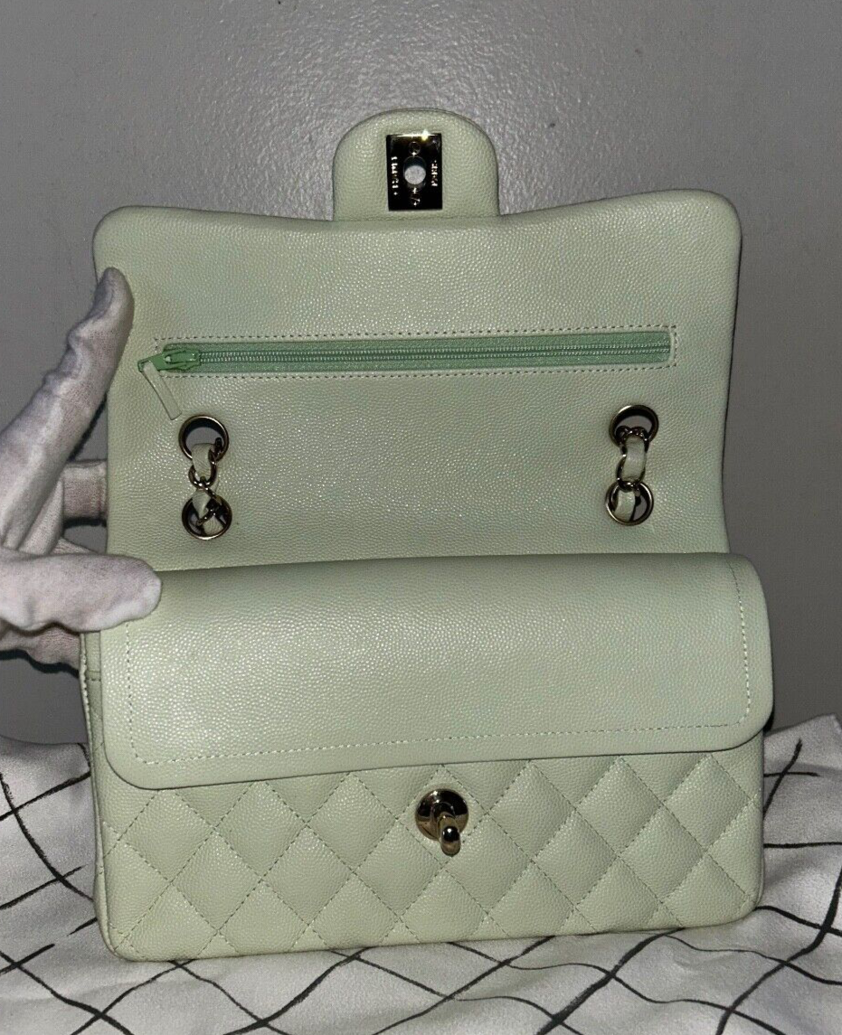 CHANEL 22C Small Classic Double Flap Caviar Handbag Mint/Light Gold HW