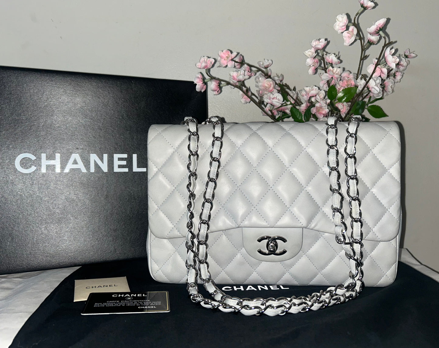 CHANEL Classic Jumbo Single Flap Quilted Lambskin Leather Bag Light Blue Gray
