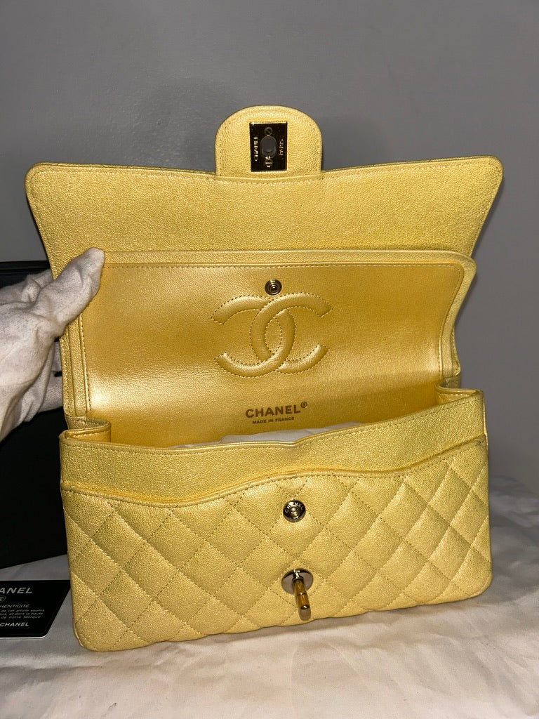 CHANEL Classic Iridescent Caviar Quilted Medium Double Flap Handbag Yellow