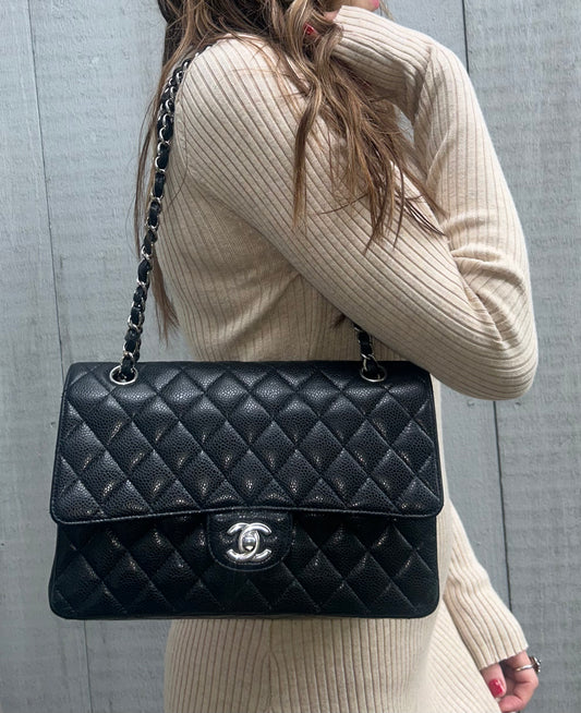 CHANEL Classic Medium Double Flap Quilted Caviar Leather Handbag Black