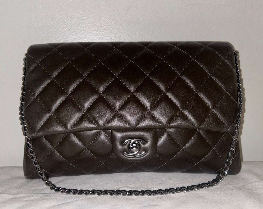 CHANEL Classic CC Quilted Flap Shoulder Bag Lambskin Leather Dark Brown