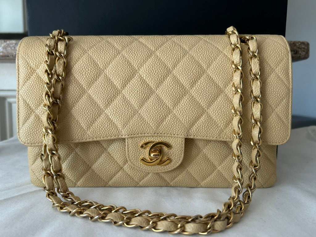CHANEL Medium Classic Double Flap Caviar Quilted Handbag Beige Clair / 24k Gold