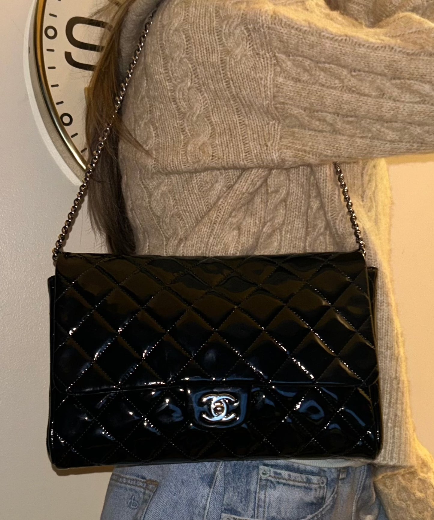 CHANEL Classic CC Quilted Chain Flap Shoulder Bag Patent Leather Black