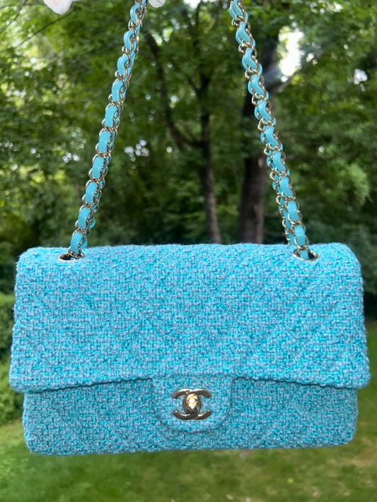 CHANEL 22K Tweed Quilted Medium Double Flap Bag Turquoise/ Gold Hardware