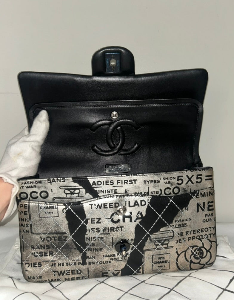 CHANEL Graffiti Newspaper Logo Medium Double Flap Lambskin Handbag Black/Silver