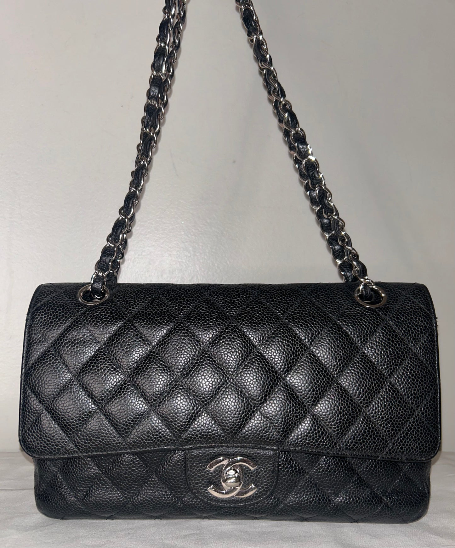 CHANEL Classic Medium Double Flap Quilted Caviar Leather Handbag Black