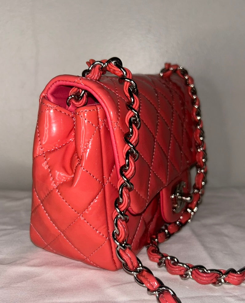 CHANEL Classic Mini Square Flap Bag Quilted Patent Leather Pink