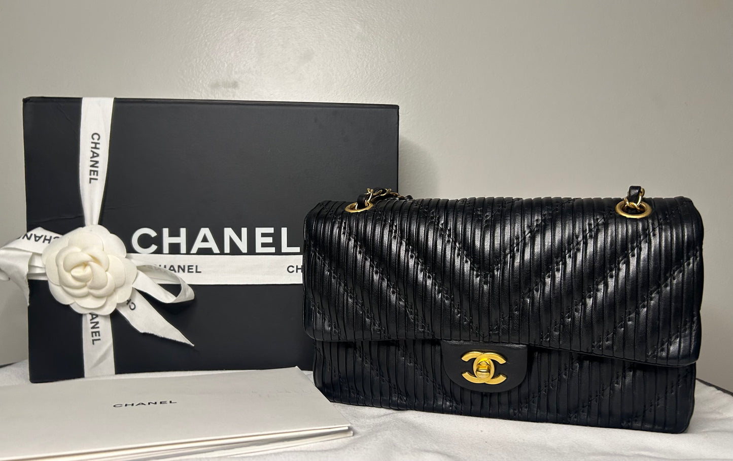 CHANEL Medium Classic Double Flap Pleated Calfskin Handbag Black / Gold