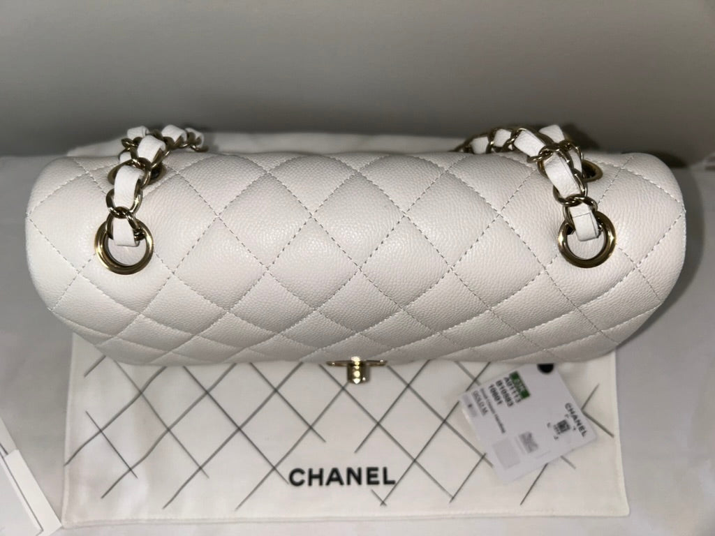 CHANEL 23K Small Classic Double Flap Caviar Handbag White