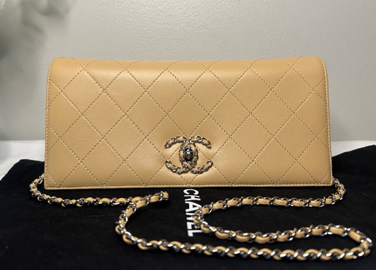 CHANEL 18B Woven Chain CC Mini Shoulder Bag Quilted Lambskin in Beige