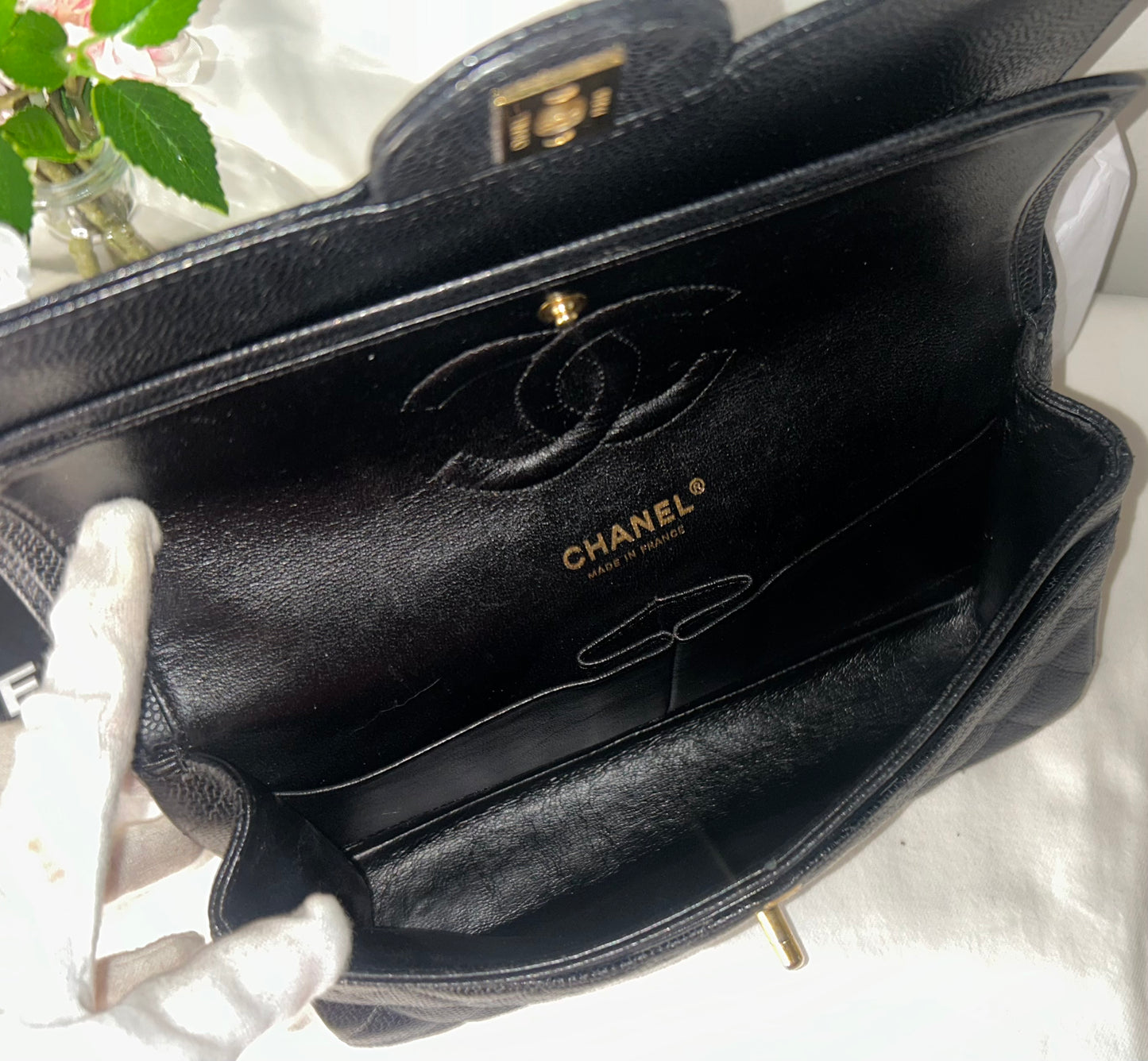 CHANEL Medium Classic Double Flap Caviar Quilted Handbag Black / Gold