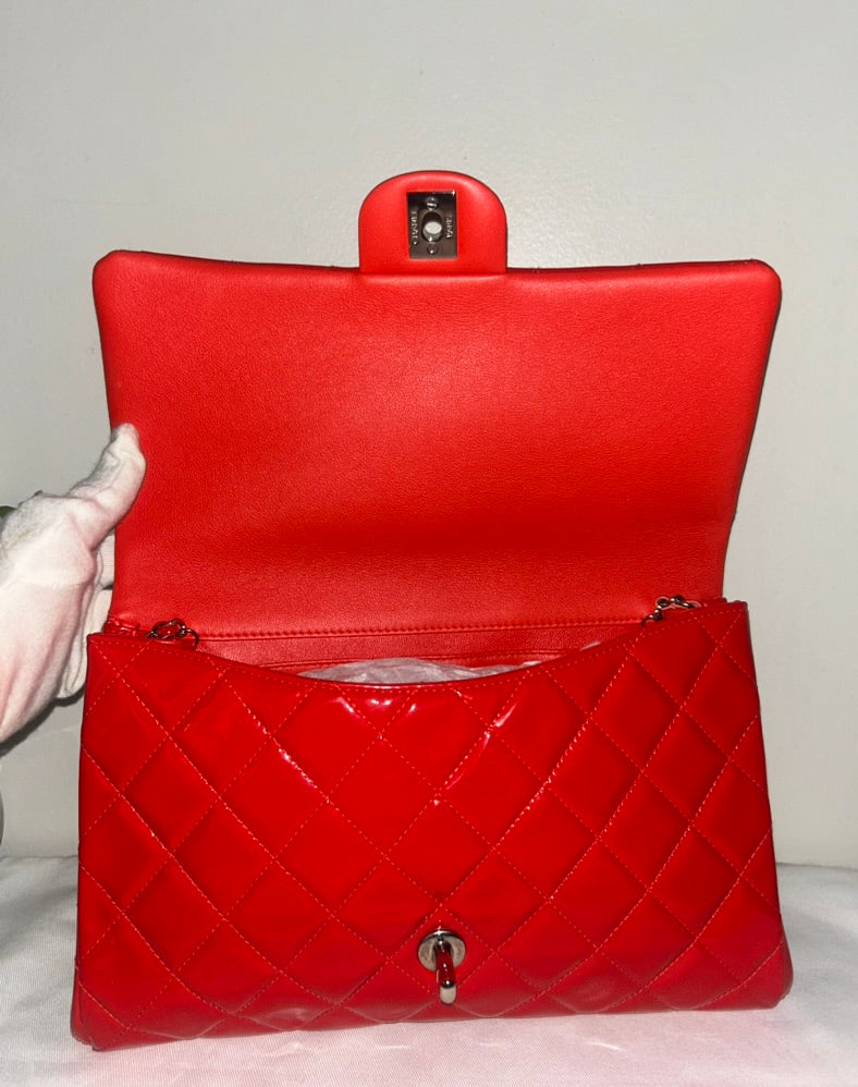CHANEL CC Classic Quilted Patent Leather Single Flap Shoulder Bag Red