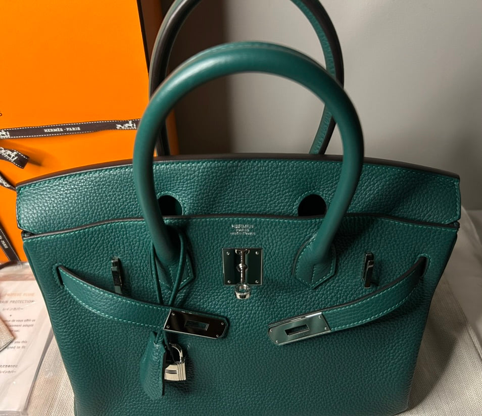 HERMÈS Birkin 30 Malachite Togo Leather Palladium Hardware Handbag