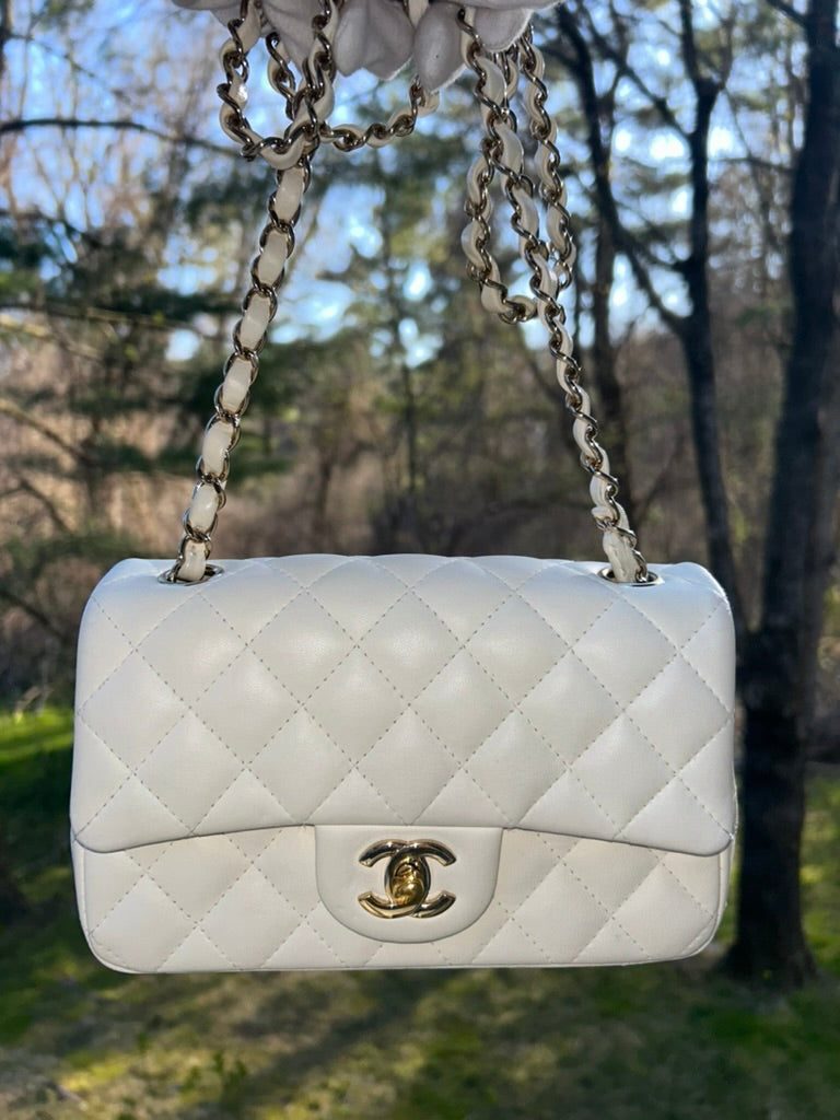 CHANEL Classic Mini Rectangular Flap Bag Quilted Lambskin Leather White/Gold