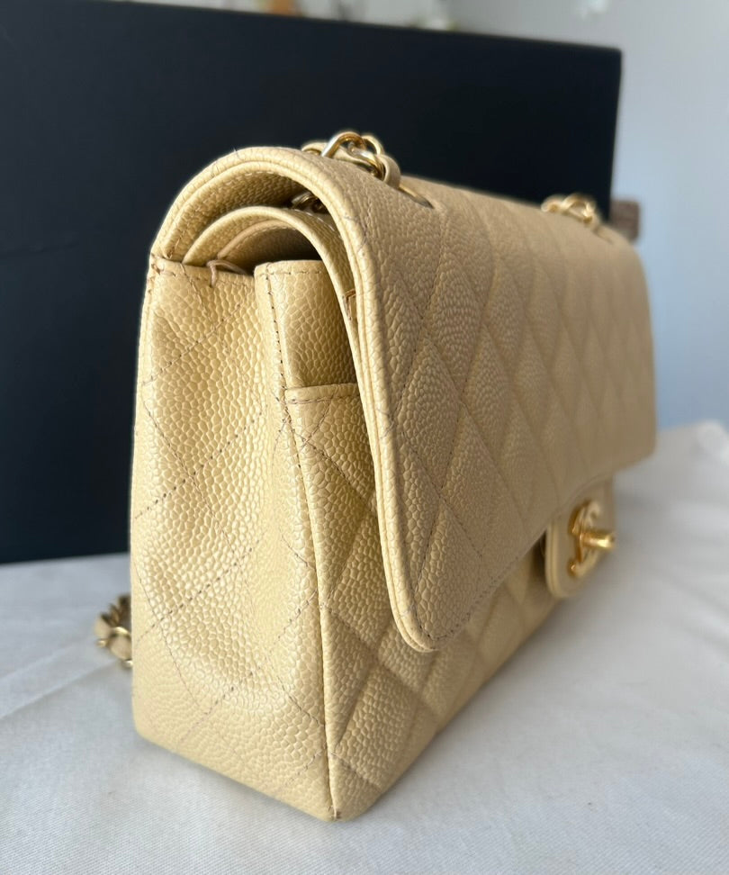 CHANEL Medium Classic Double Flap Caviar Quilted Handbag Beige Clair / 24k Gold