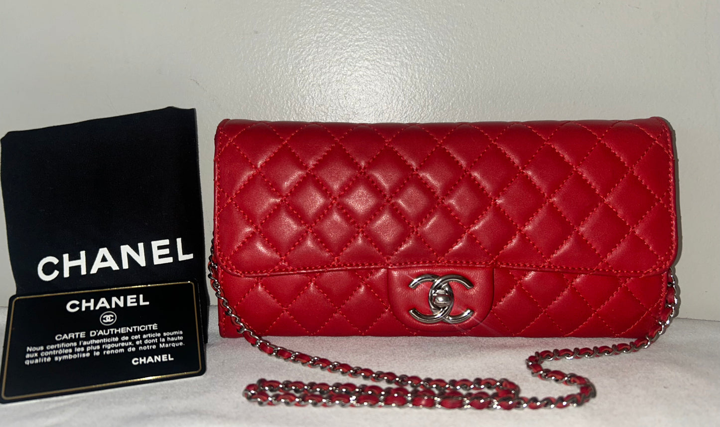 CHANEL Classic Quilted Lambskin Leather East West Shoulder Bag Red