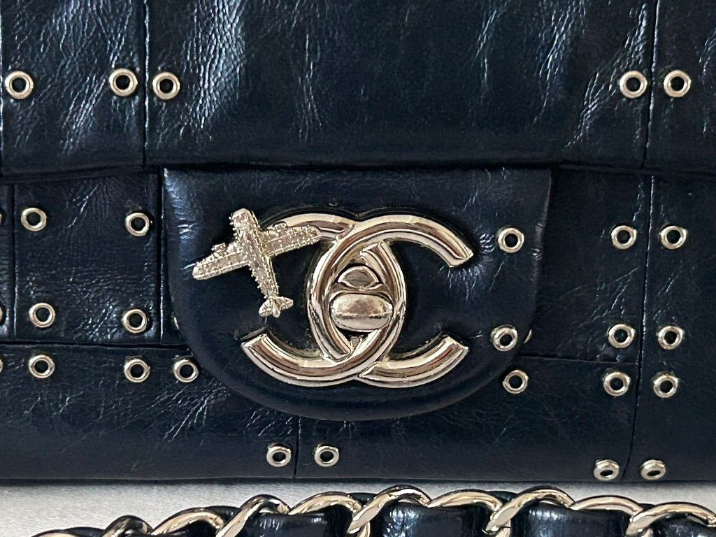 CHANEL CC Airlines Mini Flap Bag Grommet Studded Leather Navy Blue