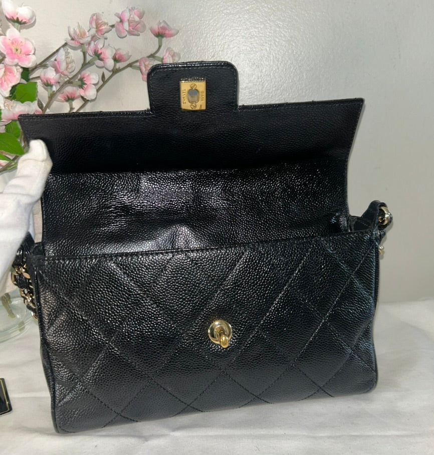 CHANEL Medium Classic Single Flap Quilted Caviar Handbag Black / 24k Gold RARE