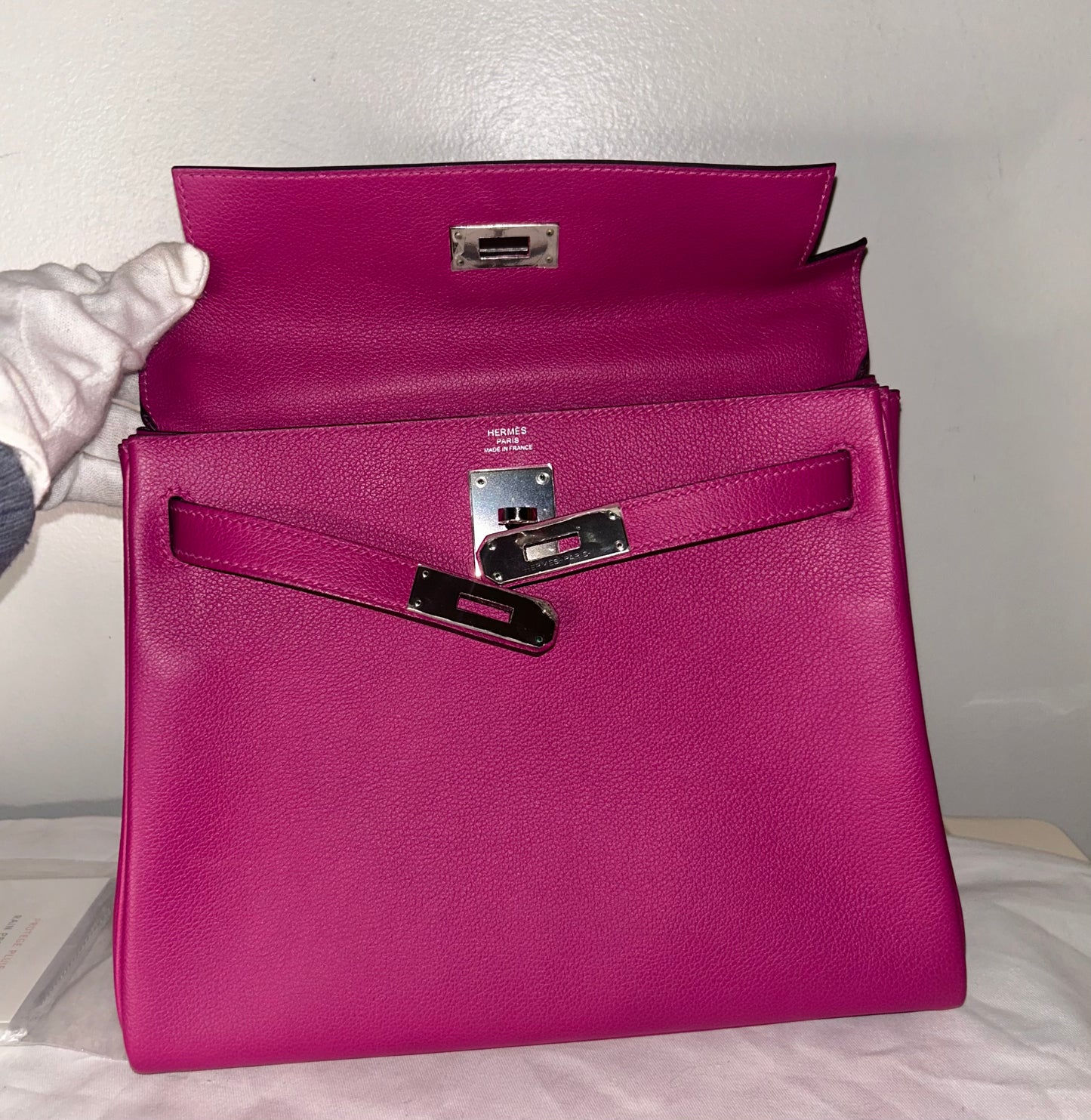 HERMES Kelly 28 Rose Pourpre Evercolor Palladium Hardware