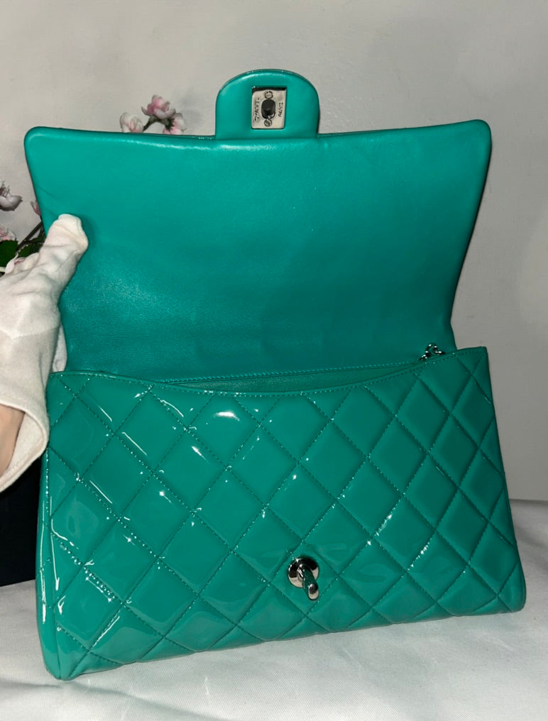 CHANEL CC Classic Quilted Patent Leather Single Flap Shoulder Bag Turquoise