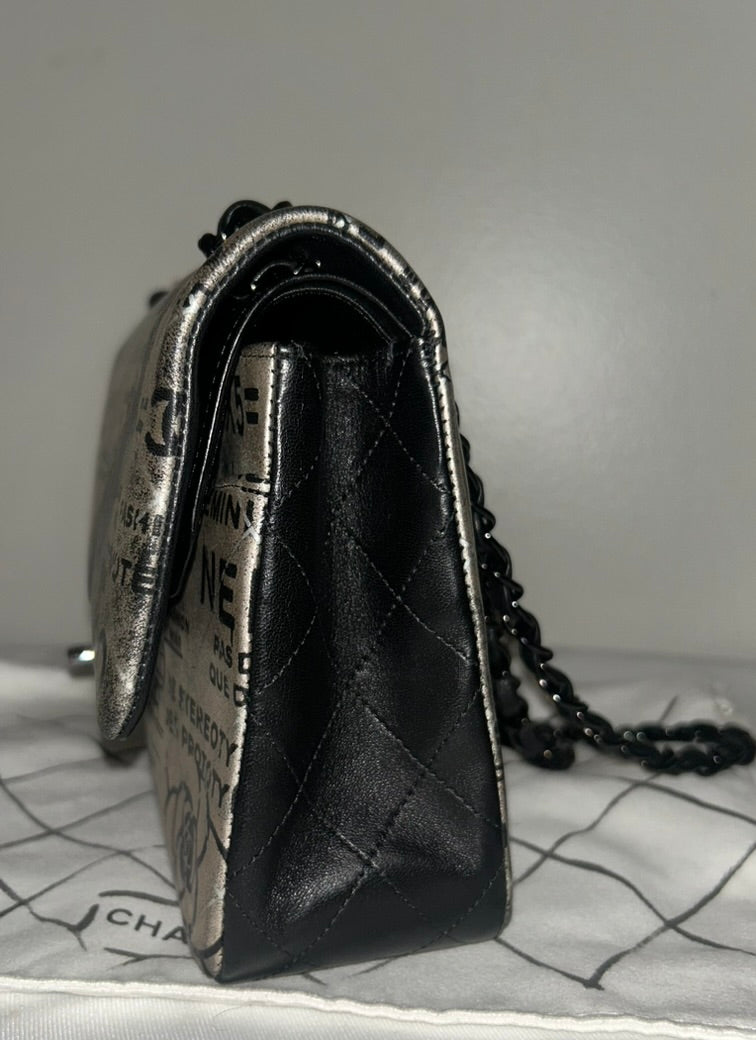 CHANEL Graffiti Newspaper Logo Medium Double Flap Lambskin Handbag Black/Silver