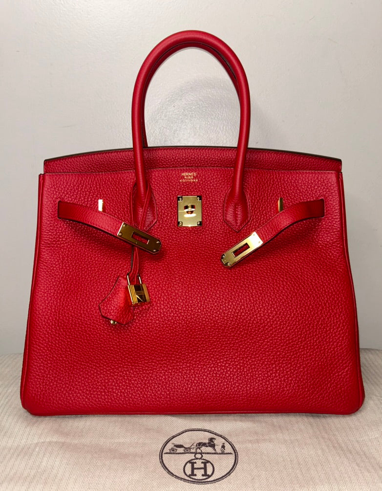 HERMES Birkin 35 Rouge Casaque Clemence Gold Hardware Handbag