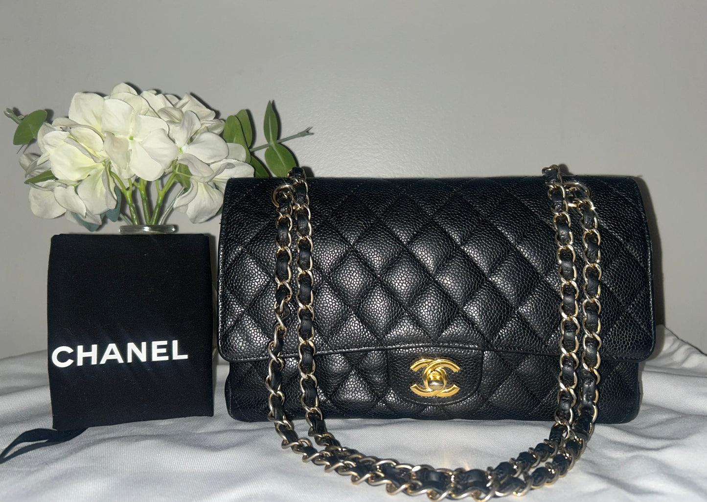 CHANEL Medium Classic Double Flap Caviar Quilted Handbag Black / Gold