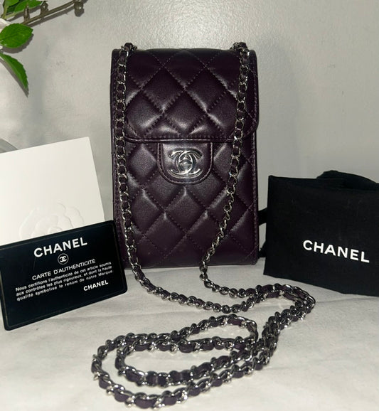 CHANEL CC Phone Clutch with Chain Quilted Lambskin Crossbody Bag Dark Burgundy