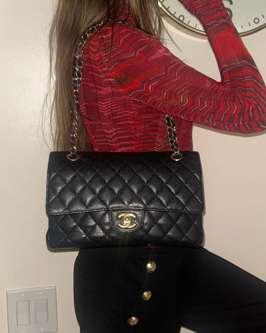 CHANEL Medium Classic Double Flap Caviar Quilted Handbag Black / Gold