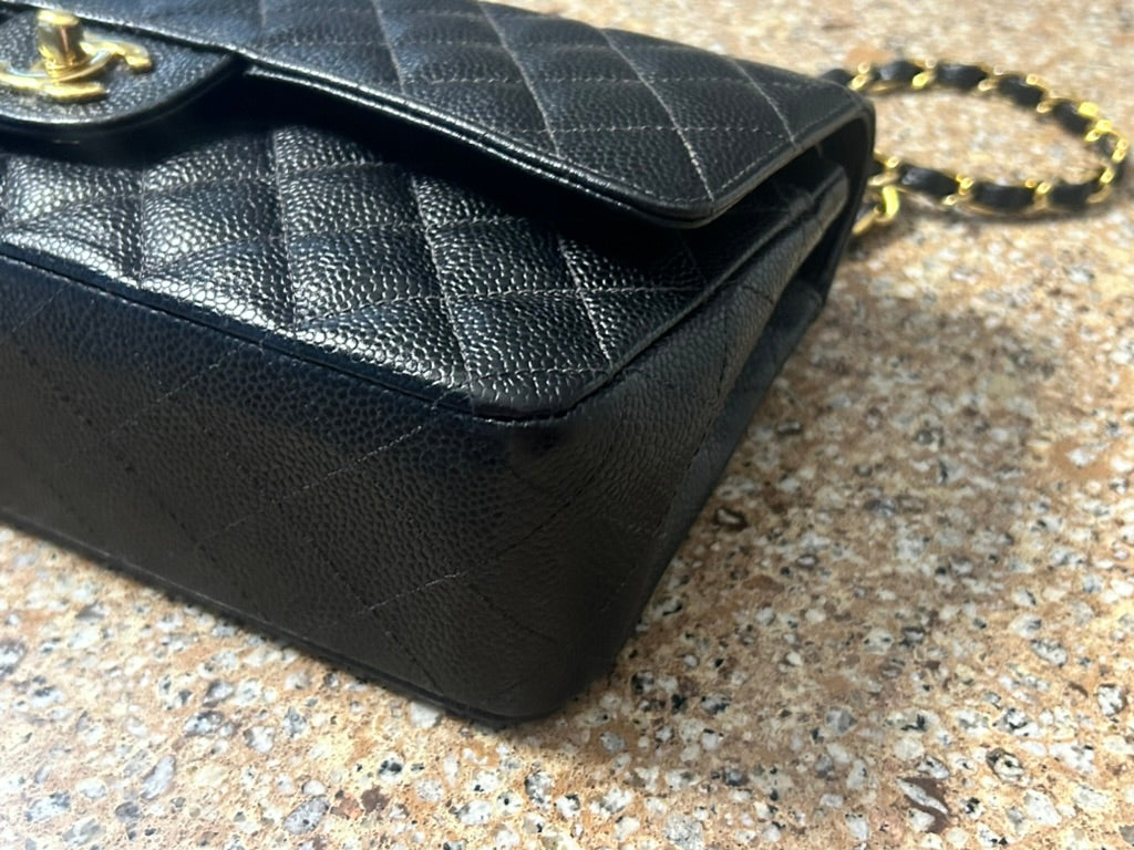 CHANEL Medium Classic Double Flap Caviar Quilted Handbag Black / 24k Gold