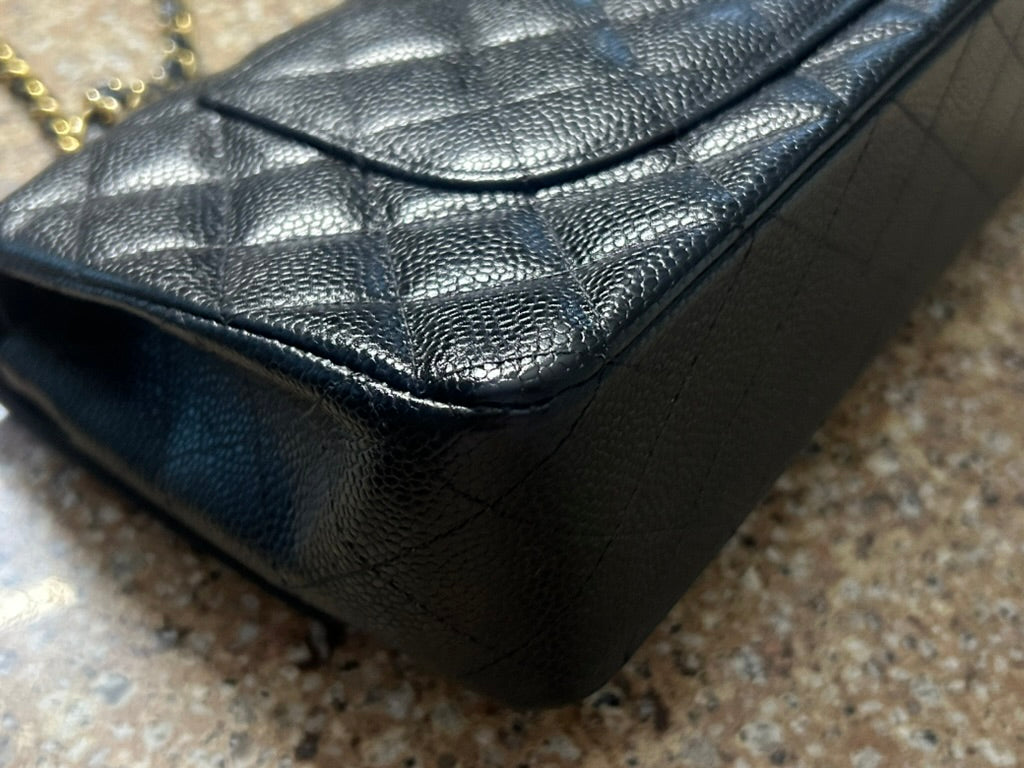 CHANEL Medium Classic Double Flap Caviar Quilted Handbag Black / 24k Gold