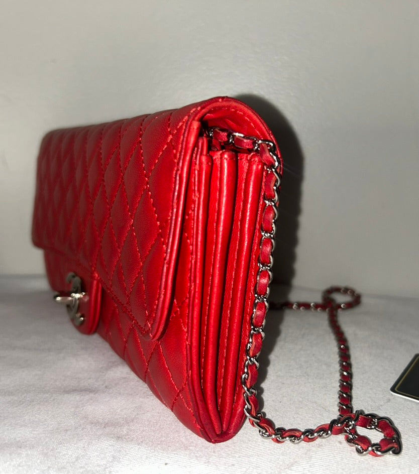 CHANEL Classic Quilted Lambskin Leather East West Shoulder Bag Red