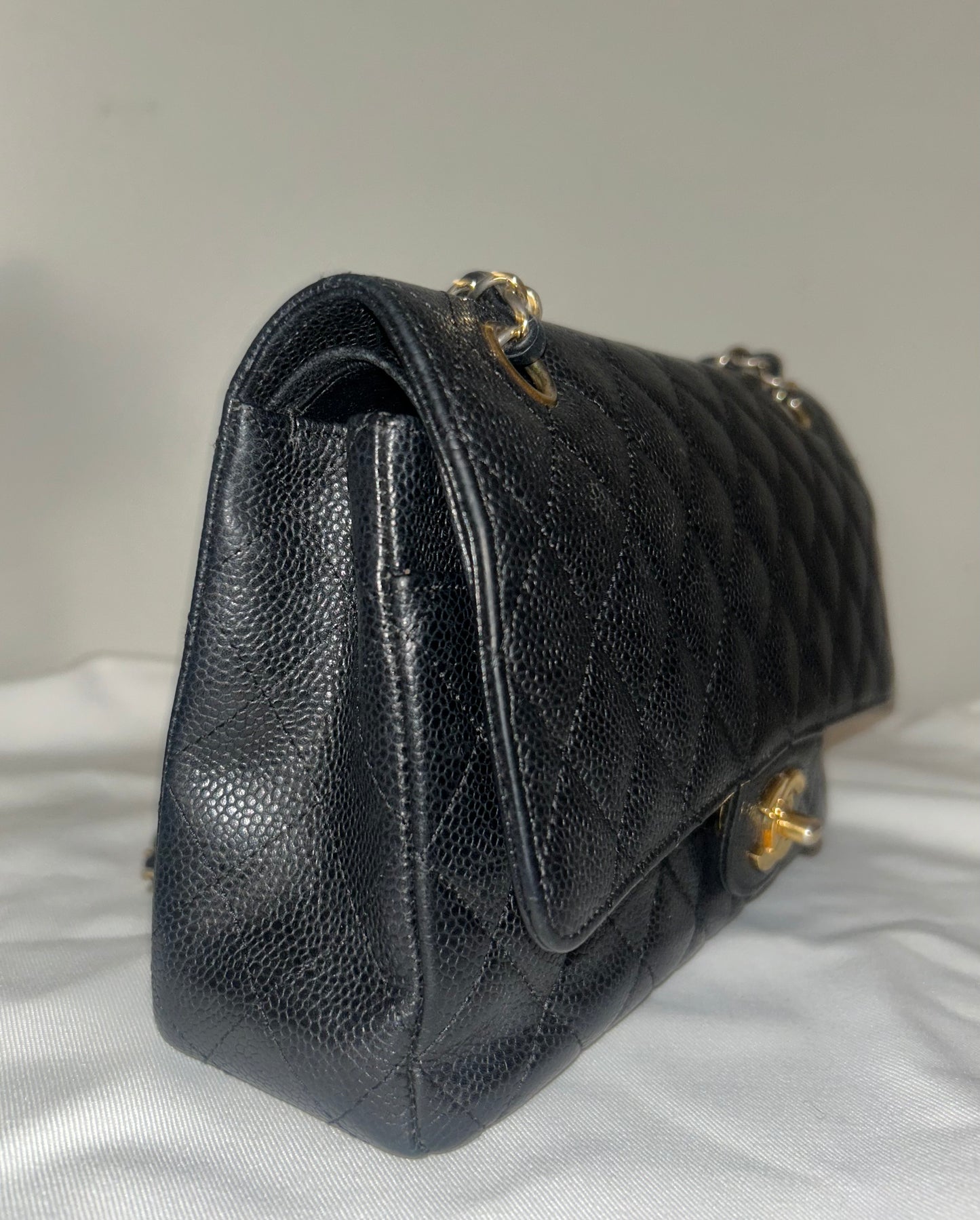 CHANEL Medium Classic Double Flap Caviar Quilted Handbag Black / Gold