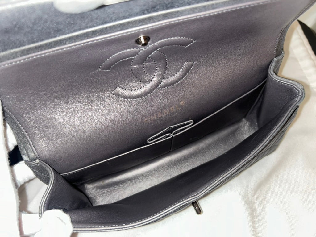 CHANEL Medium Double Flap Metallic Gray Pearlescent Leather Quilted Handbag