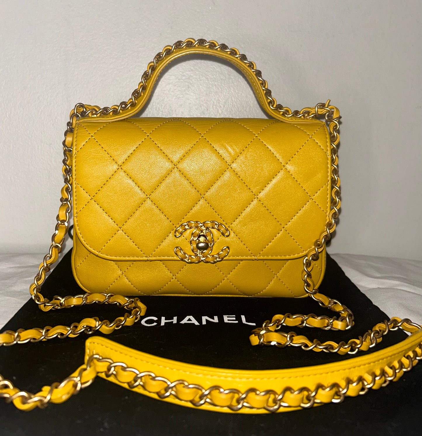 CHANEL 19 Small Chain Infinity Top Handle Bag Quilted Lambskin Leather Yellow