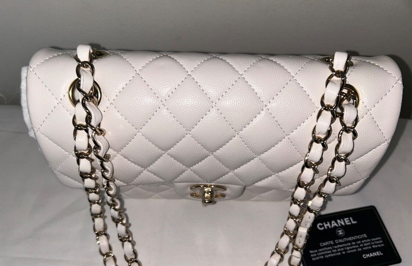 CHANEL Small Classic Double Flap Caviar Handbag White / Light Gold