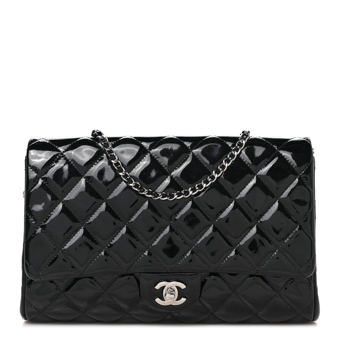 CHANEL Classic CC Quilted Flap Shoulder Bag Patent Leather Black