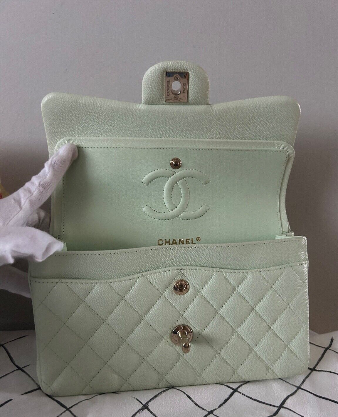 CHANEL 22C Small Classic Double Flap Caviar Handbag Mint/Light Gold HW