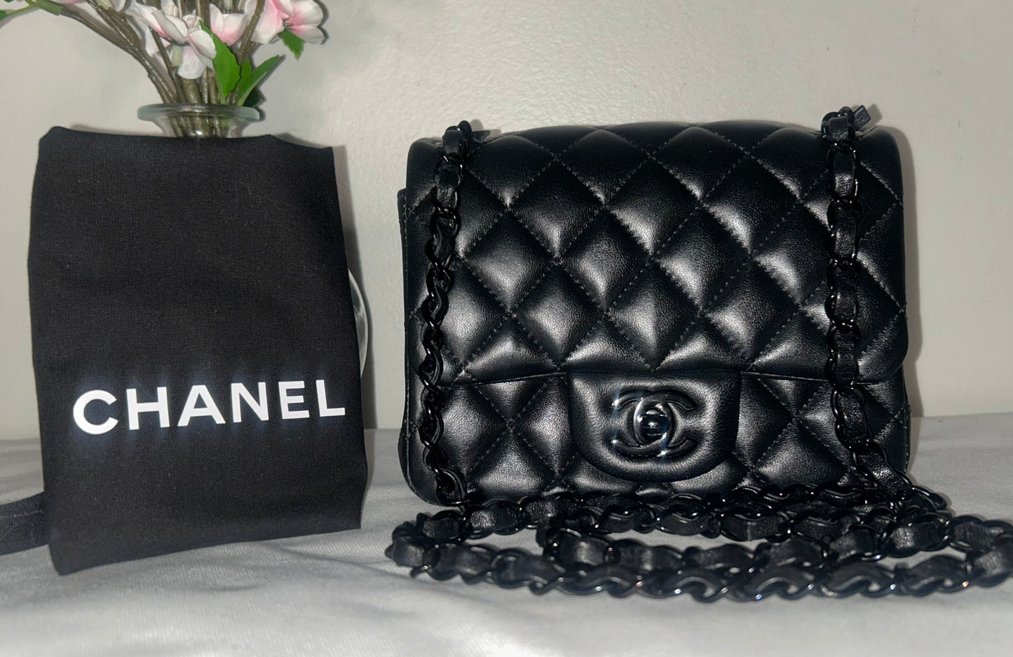 CHANEL "So Black" Mini Square Classic Flap Bag Quilted Lambskin Black