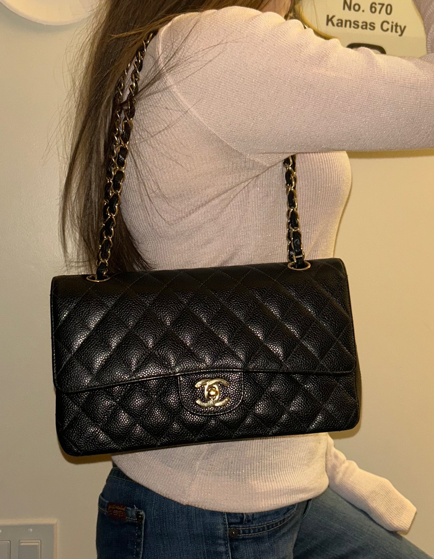 CHANEL Medium Classic Double Flap Caviar Quilted Handbag Black / 24k Gold