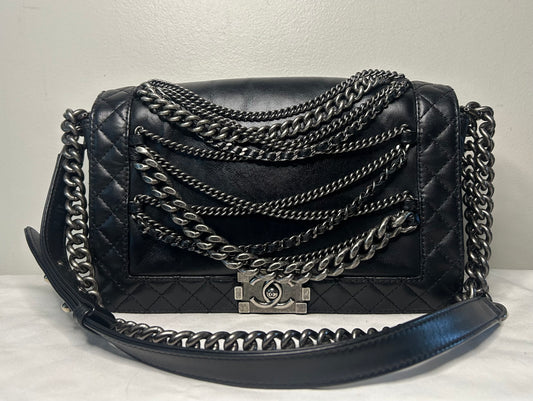 CHANEL Calfskin Enchained Chains New Medium Boy Flap Bag Black